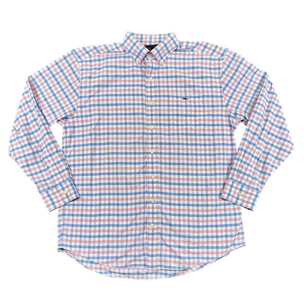 Vineyard Vines Tucker Shirt Mens Large Classic Fit Pink Blue Gingham Nylon